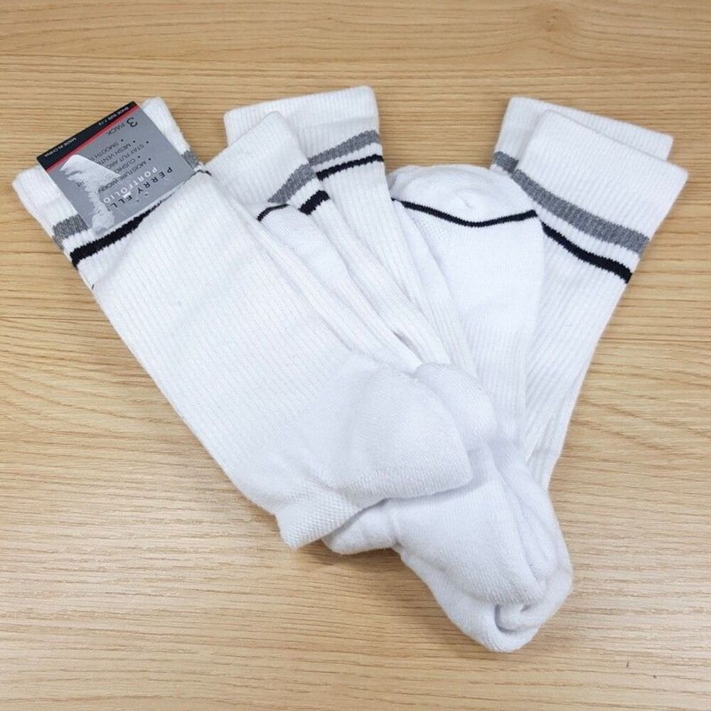 PERRY ELLIS Crew Socks White 3-Pack Moisture Wicking Cushioned Logo